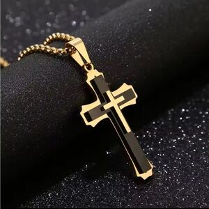 Men’s Religious 22” Large Stainless Steel Cross Necklace Black and Gold